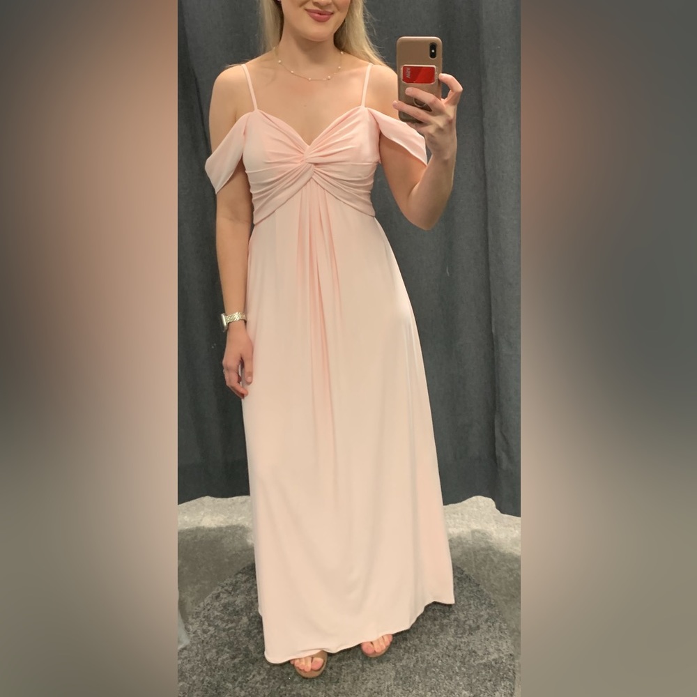 David’s Bridal Petal Pink Off-the-Shoulder Bridesmaid Dress